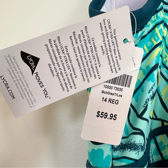 L.L. Bean Swimwear Patterned Tankini Top Size 14 Beach Glass Tropical Leaves - Picture 8 of 10